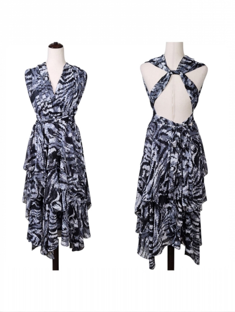 ASHRO Elegant Gray & Black Animal Print Halter Maxi Dress – Size 10
